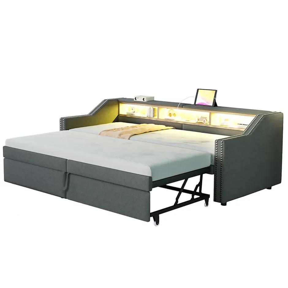 Okwish Lit banquette 90x200+180x200 cm gigogne avec rangement, éclairage LED, prise USB, structure lin métal MDF gris foncé sans matelas Clearance
