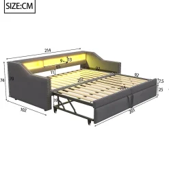 Okwish Lit banquette 90x200+180x200 cm gigogne avec rangement, éclairage LED, prise USB, structure lin métal MDF gris foncé sans matelas Clearance