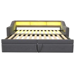 Okwish Lit banquette 90x200+180x200 cm gigogne avec rangement, éclairage LED, prise USB, structure lin métal MDF gris foncé sans matelas Clearance