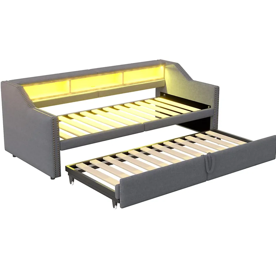Okwish Lit banquette 90x200+180x200 cm gigogne avec rangement, éclairage LED, prise USB, structure lin métal MDF gris foncé sans matelas Clearance