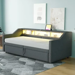 Okwish Lit banquette 90x200+180x200 cm gigogne avec rangement, éclairage LED, prise USB, structure lin métal MDF gris foncé sans matelas Clearance