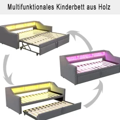 Okwish Lit banquette 90x200+180x200 cm gigogne avec rangement, éclairage LED, prise USB, structure lin métal MDF gris foncé sans matelas Clearance