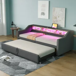 Okwish Lit banquette 90x200+180x200 cm gigogne avec rangement, éclairage LED, prise USB, structure lin métal MDF gris foncé sans matelas Clearance