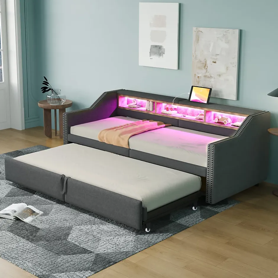 Okwish Lit banquette 90x200+180x200 cm gigogne avec rangement, éclairage LED, prise USB, structure lin métal MDF gris foncé sans matelas Clearance