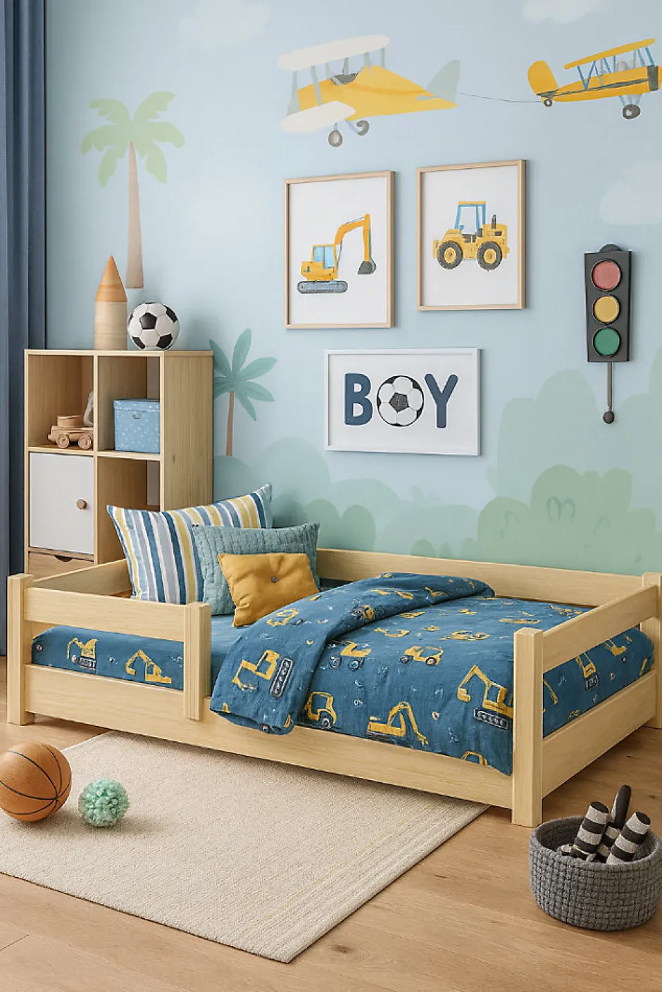 Enfant Kobi Lit bas Nordi 140x70 - Montessori bois naturel, lit enfant avec barreaux