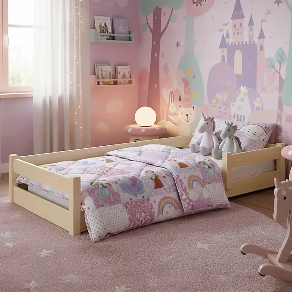 Enfant Kobi Lit bas Nordi 140x70 - Montessori bois naturel, lit enfant avec barreaux