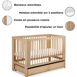 Monmobilierdesign Lit Bébé à Barreaux 120x60 Bois Avec Tiroir Sale