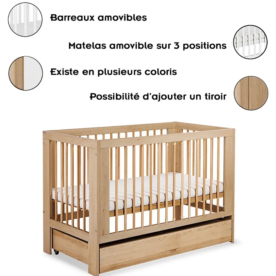 Monmobilierdesign Lit Bébé à Barreaux 120x60 Bois Avec Tiroir Sale