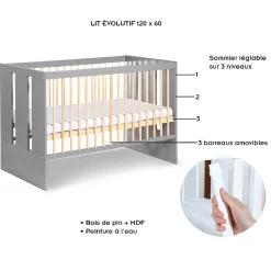 Little Sky Lit Bébé Enfant évolutif à Barreaux Avec Sommier Réglable Gris / Bois 120x60 Cm