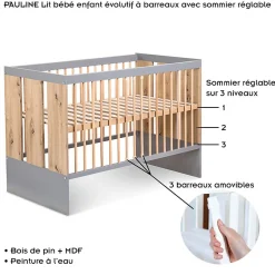 Little Sky Lit Bébé Enfant évolutif à Barreaux Avec Sommier Réglable Bois / Gris 120x60 Cm