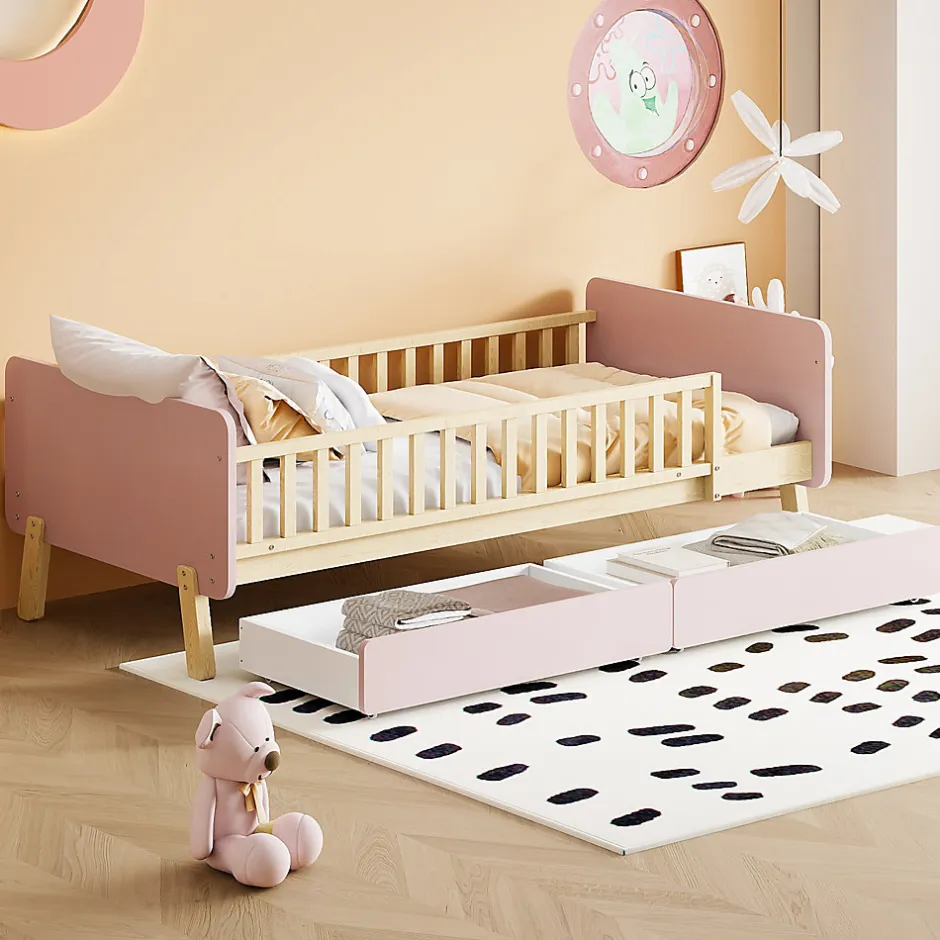 Redom Lit bois 90 par 190 cm lit simple avec 2 tiroirs cadre en bois massif sommier rose