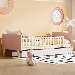 Redom Lit bois 90 par 190 cm lit simple avec 2 tiroirs cadre en bois massif sommier rose