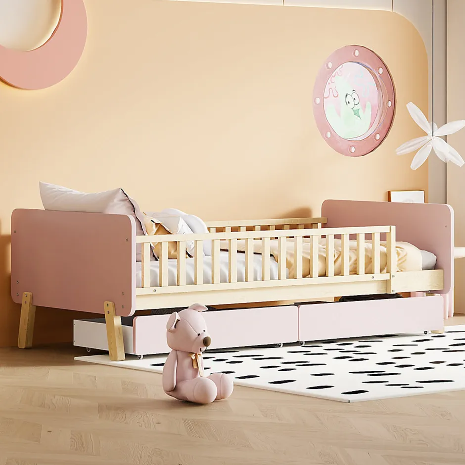 Redom Lit bois 90 par 190 cm lit simple avec 2 tiroirs cadre en bois massif sommier rose