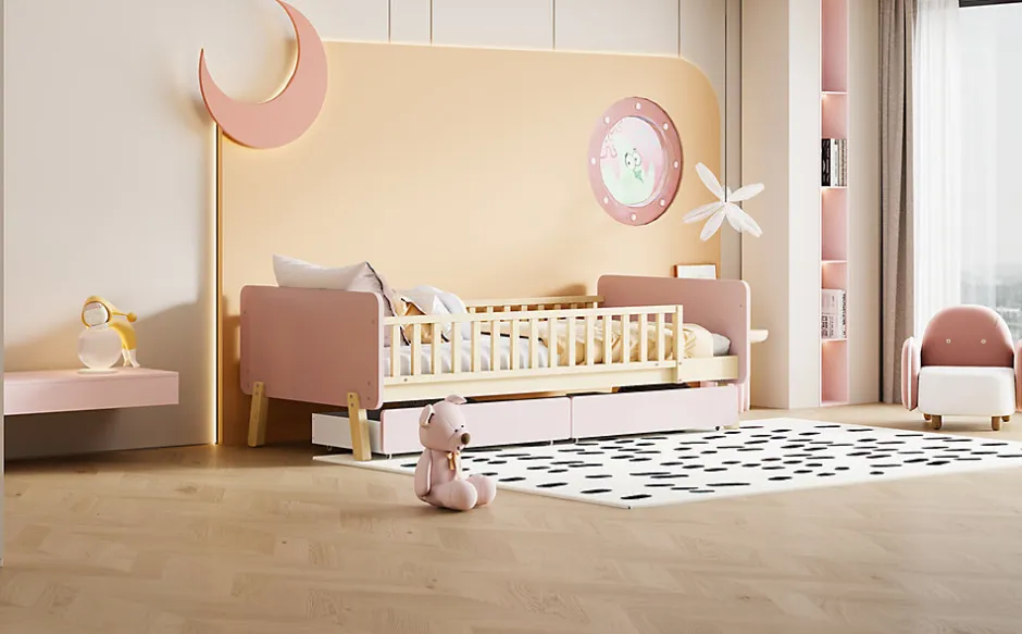 Redom Lit bois 90 par 190 cm lit simple avec 2 tiroirs cadre en bois massif sommier rose
