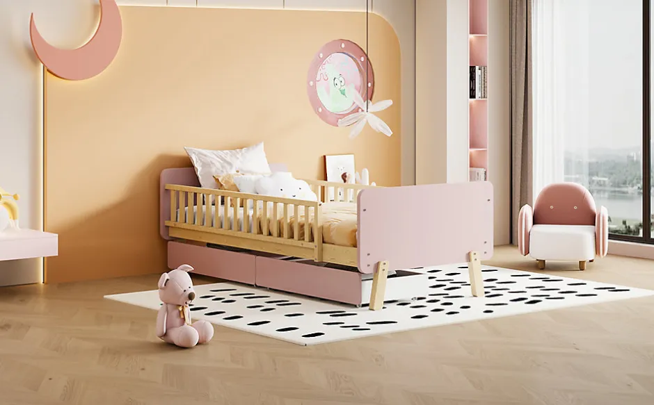 Redom Lit bois 90 par 190 cm lit simple avec 2 tiroirs cadre en bois massif sommier rose