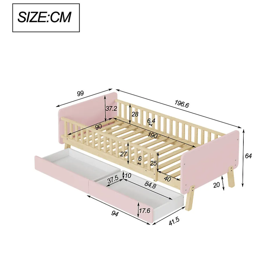 Redom Lit bois 90 par 190 cm lit simple avec 2 tiroirs cadre en bois massif sommier rose