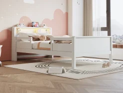 Enfant Redom Lit bois 90 par 200 cm USB type C lampe LED tete de lit avec rangement lit enfant lit simple multifonction pin blanc