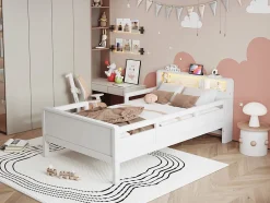 Enfant Redom Lit bois 90 par 200 cm USB type C lampe LED tete de lit avec rangement lit enfant lit simple multifonction pin blanc