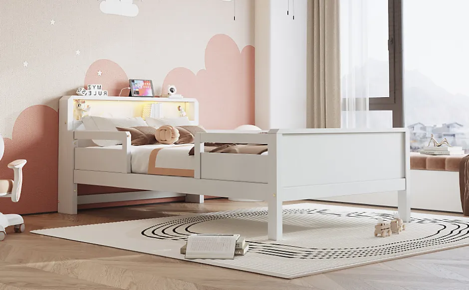 Enfant Redom Lit bois 90 par 200 cm USB type C lampe LED tete de lit avec rangement lit enfant lit simple multifonction pin blanc