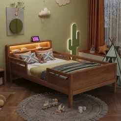 Redom Lit bois massif quatre vingt dix par deux cents avec USB Type C lampe LED tete rangement lit simple fonctionnelle bois Sale