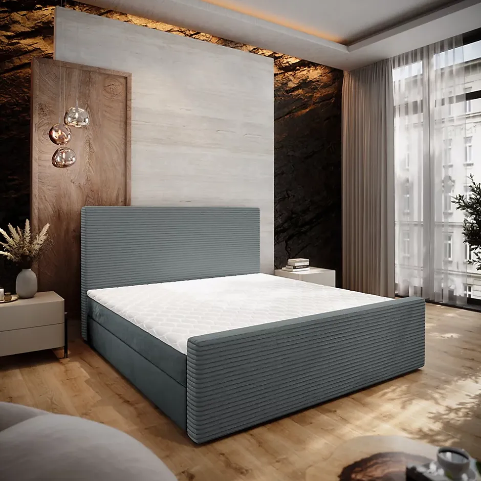 Masseno Lit Boxspring ALORIA 160X200 CM POSO 60 + PAROS 06, Gris, Lit avec matelas et rangement Discount