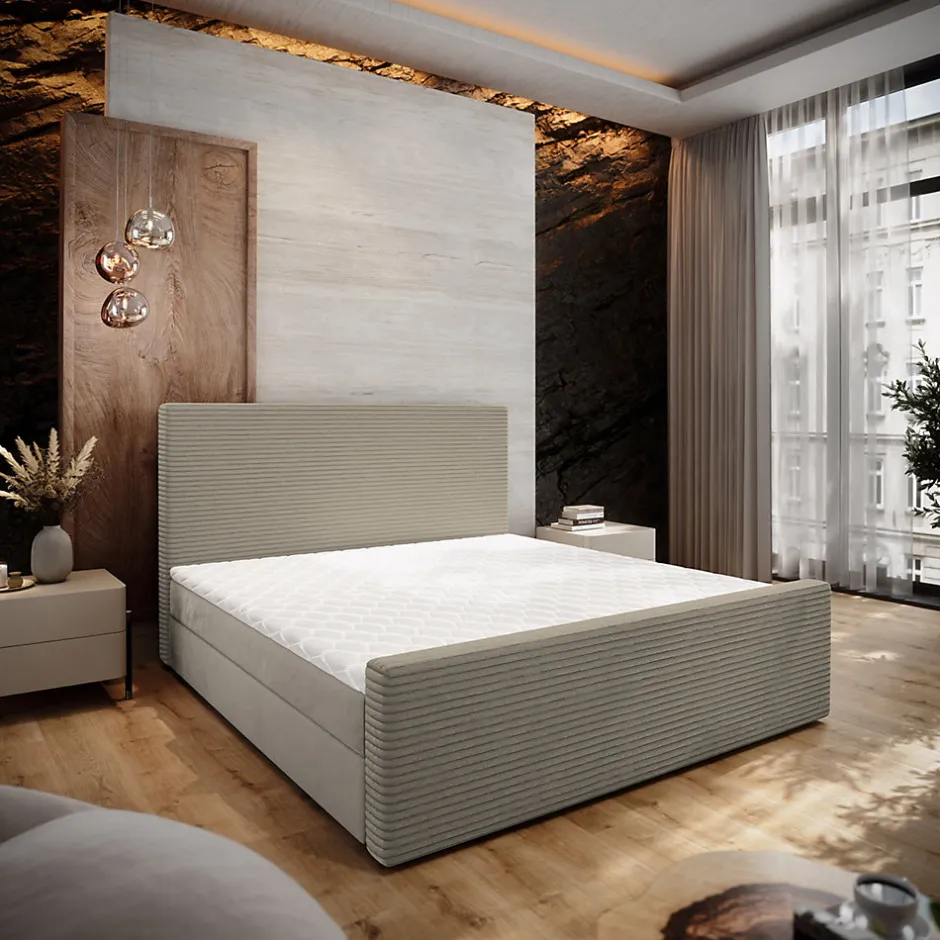 Masseno Lit Boxspring ALORIA 160X200 CM POSO 02 + PAROS 02, Beige, Lit avec matelas et rangement