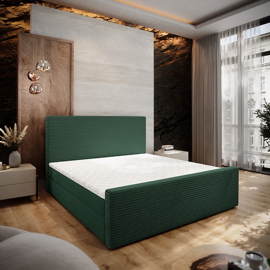 Masseno Lit Boxspring ALORIA 160X200 CM POSO 14 + KRONOS 14, Vert foncé, Lit avec matelas et rangement