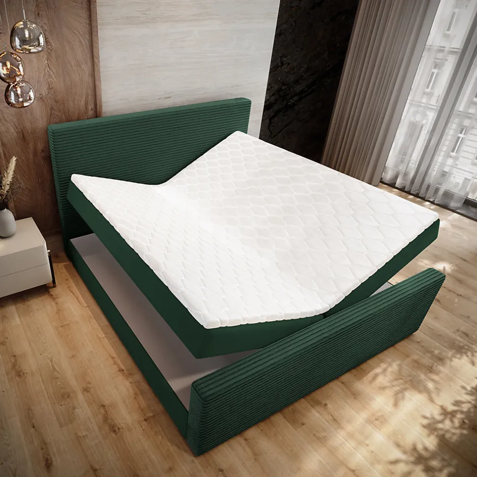Masseno Lit Boxspring ALORIA 160X200 CM POSO 14 + KRONOS 14, Vert foncé, Lit avec matelas et rangement