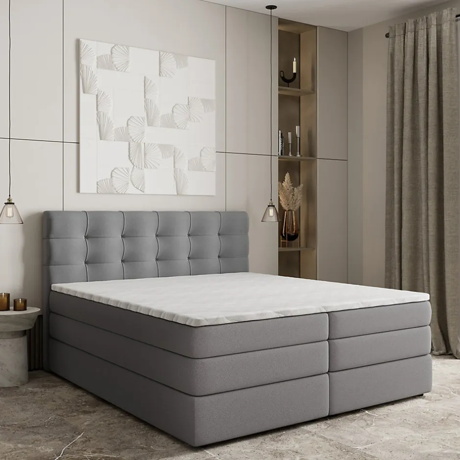 Masseno Lit Boxspring AREZI 140X200 CM SORO 90, Gris, Lit avec matelas et rangement