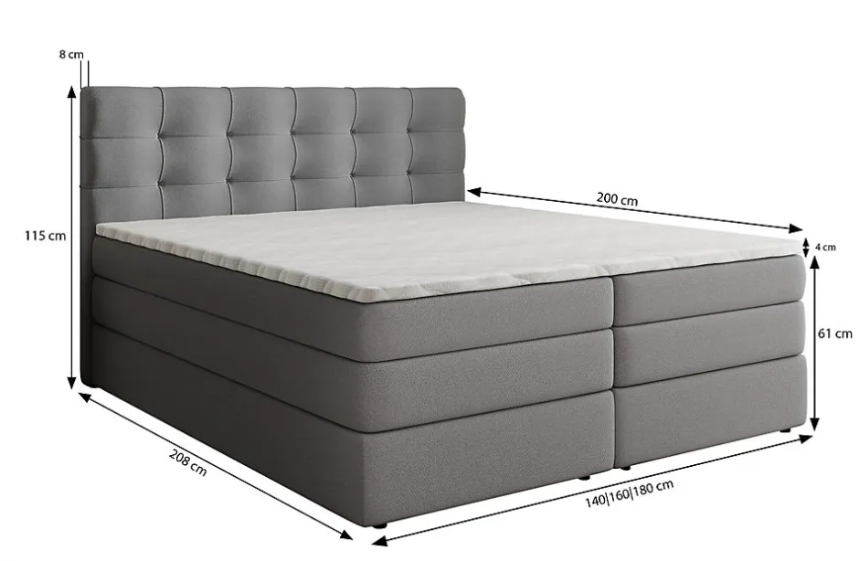 Masseno Lit Boxspring AREZI 140X200 CM SORO 90, Gris, Lit avec matelas et rangement