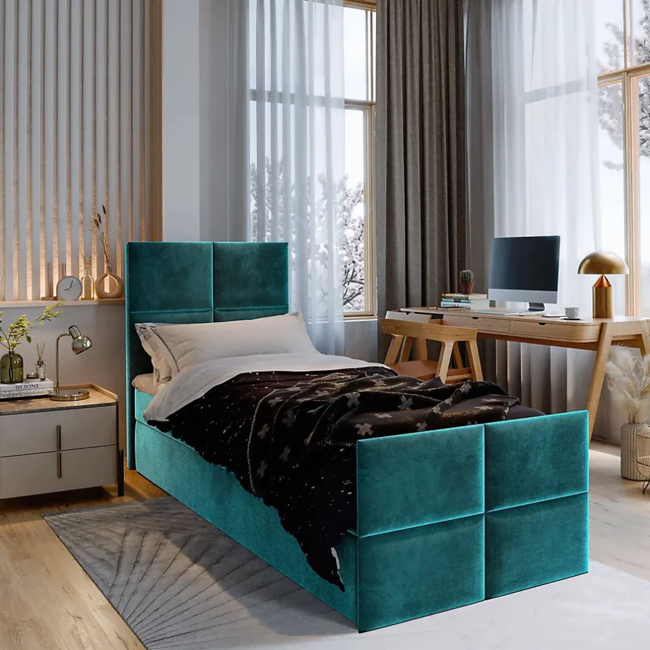Masseno Lit Boxspring ARIEL 90 90X200 CM KRONOS 13, Bleu, Lit avec matelas et rangement Discount