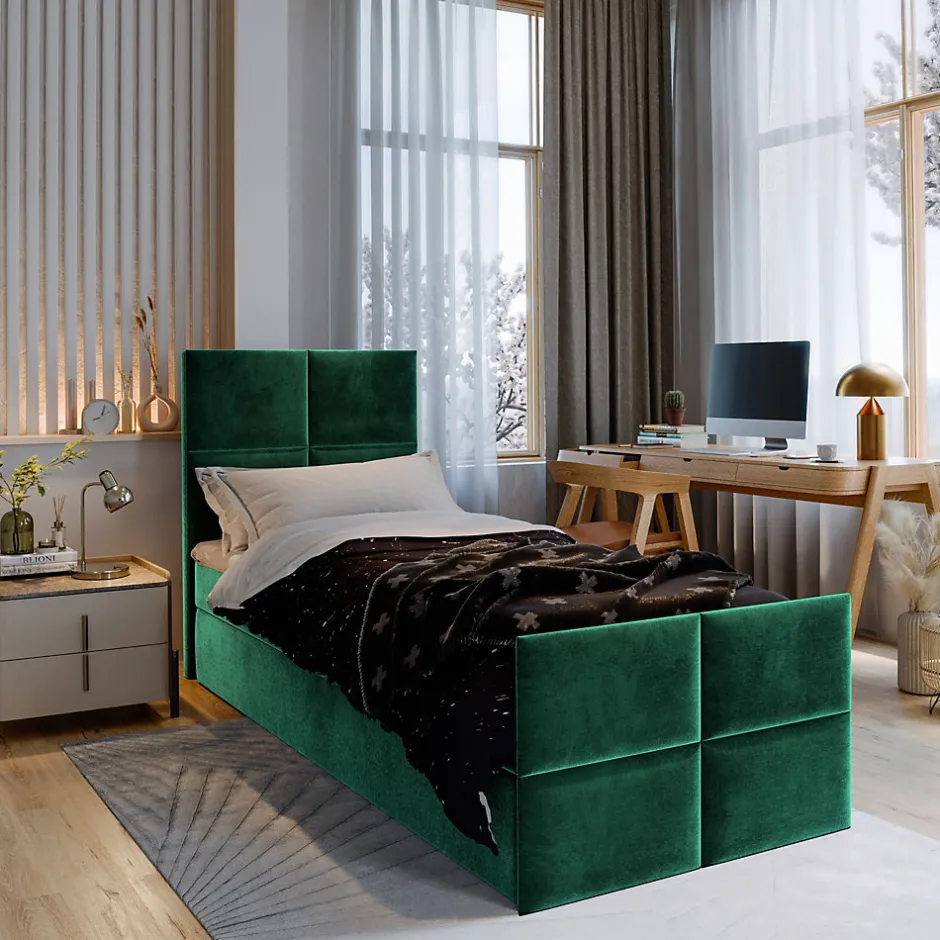 Masseno Lit Boxspring ARIEL 90 90X200 CM KRONOS 19, Vert, Lit avec matelas et rangement