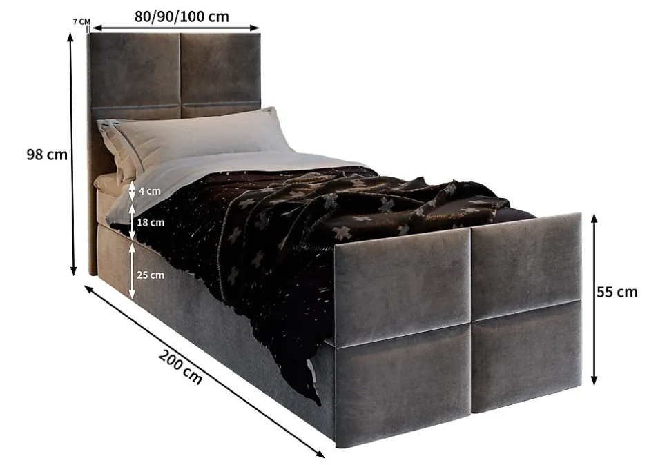 Masseno Lit Boxspring ARIEL 90 90X200 CM KRONOS 19, Vert, Lit avec matelas et rangement