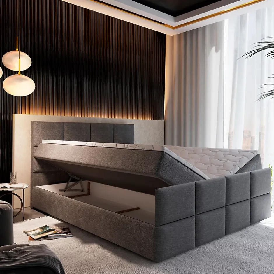Masseno Lit Boxspring ARIEL 160X200 CM SAWANA 05, Gris, Lit avec matelas et rangement Hot