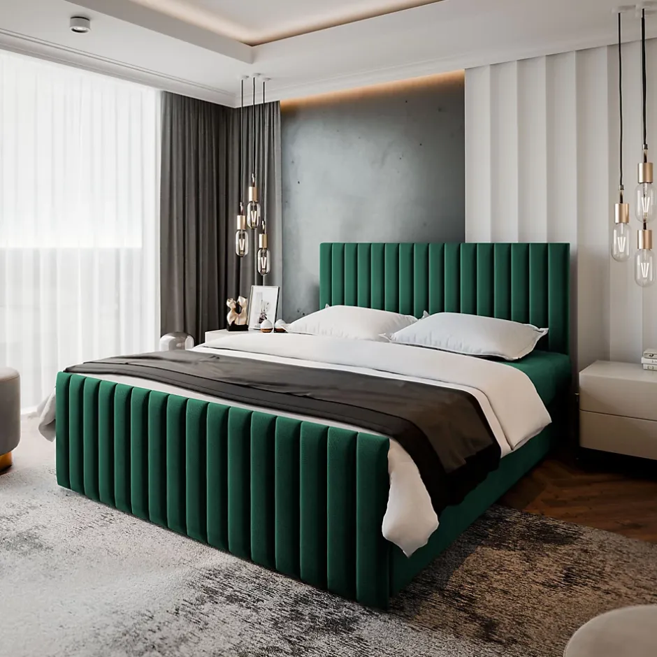 Masseno Lit Boxspring ARION 160X200 CM KRONOS 19, Vert foncé, Lit avec matelas et rangement New