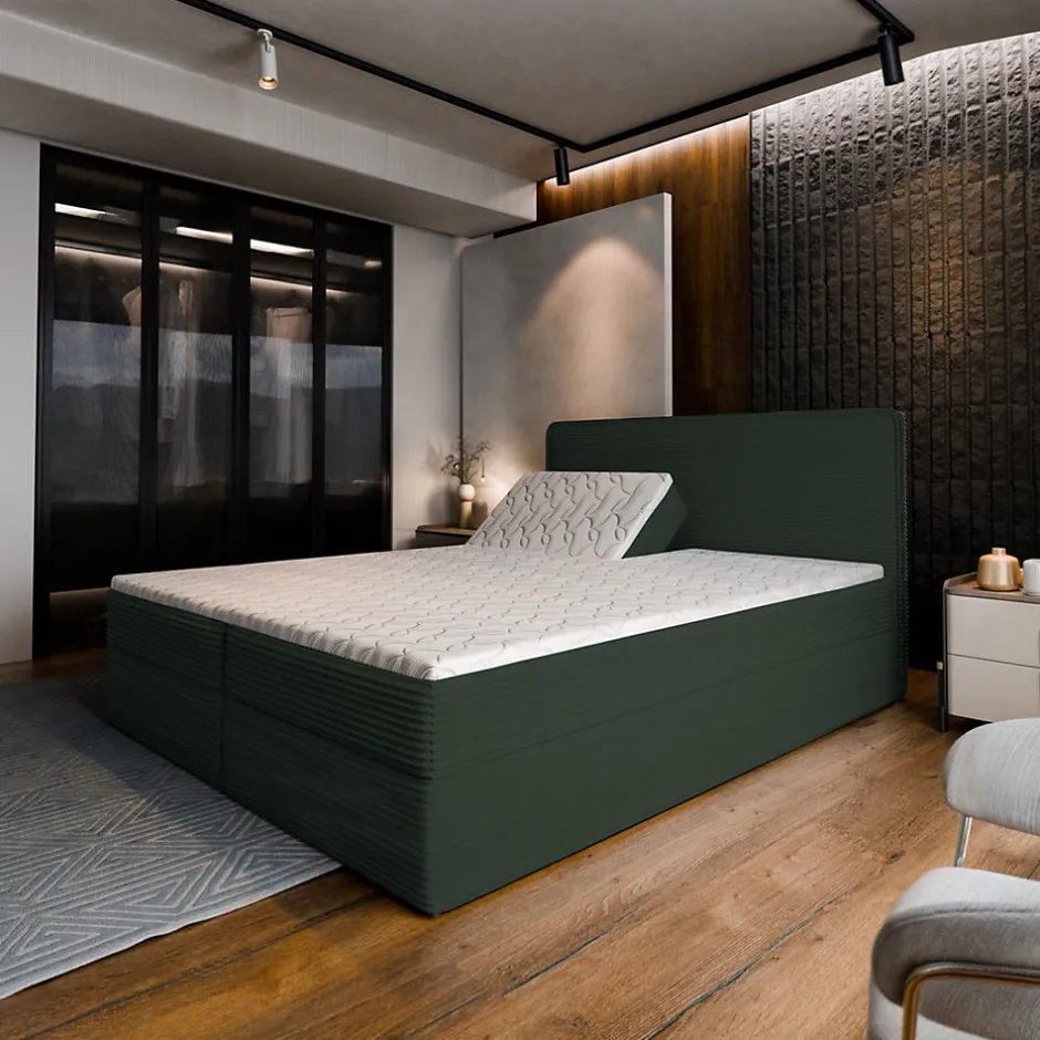 Masseno Lit Boxspring ASTOR 180X200 CM LINCOLN 39, Vert foncé, Lit avec matelas et rangement