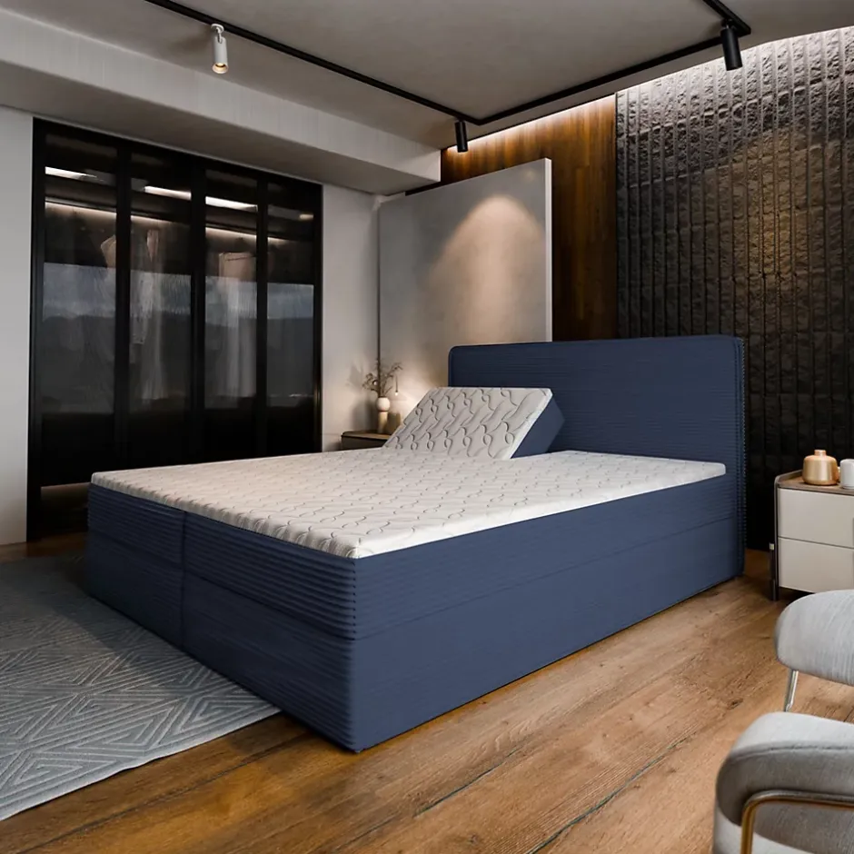 Masseno Lit Boxspring ASTOR 160X200 CM LINCOLN 77, Bleu, Lit avec matelas et rangement New