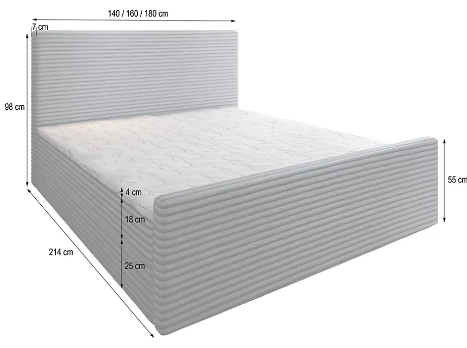 Masseno Lit Boxspring BRENTO 180X200 CM TILIA 86, Gris clair, Lit avec matelas et rangement New