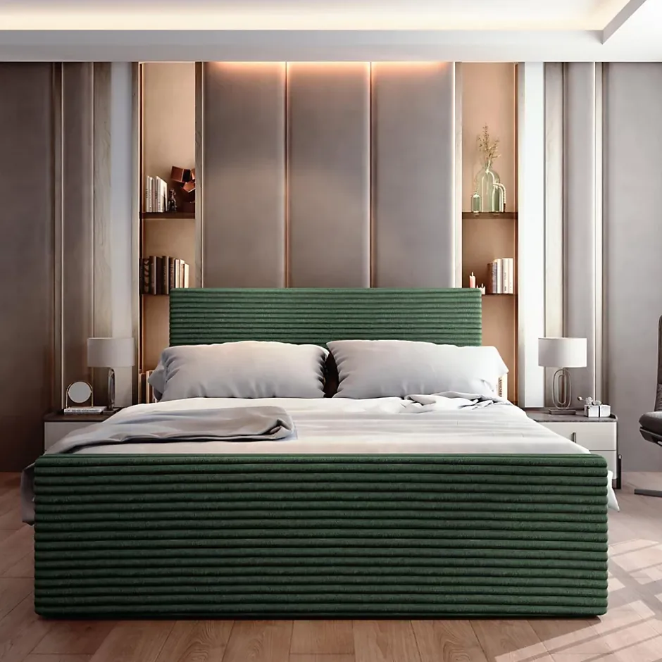 Masseno Lit Boxspring BRENTO 180X200 CM TILIA 86, Gris clair, Lit avec matelas et rangement New