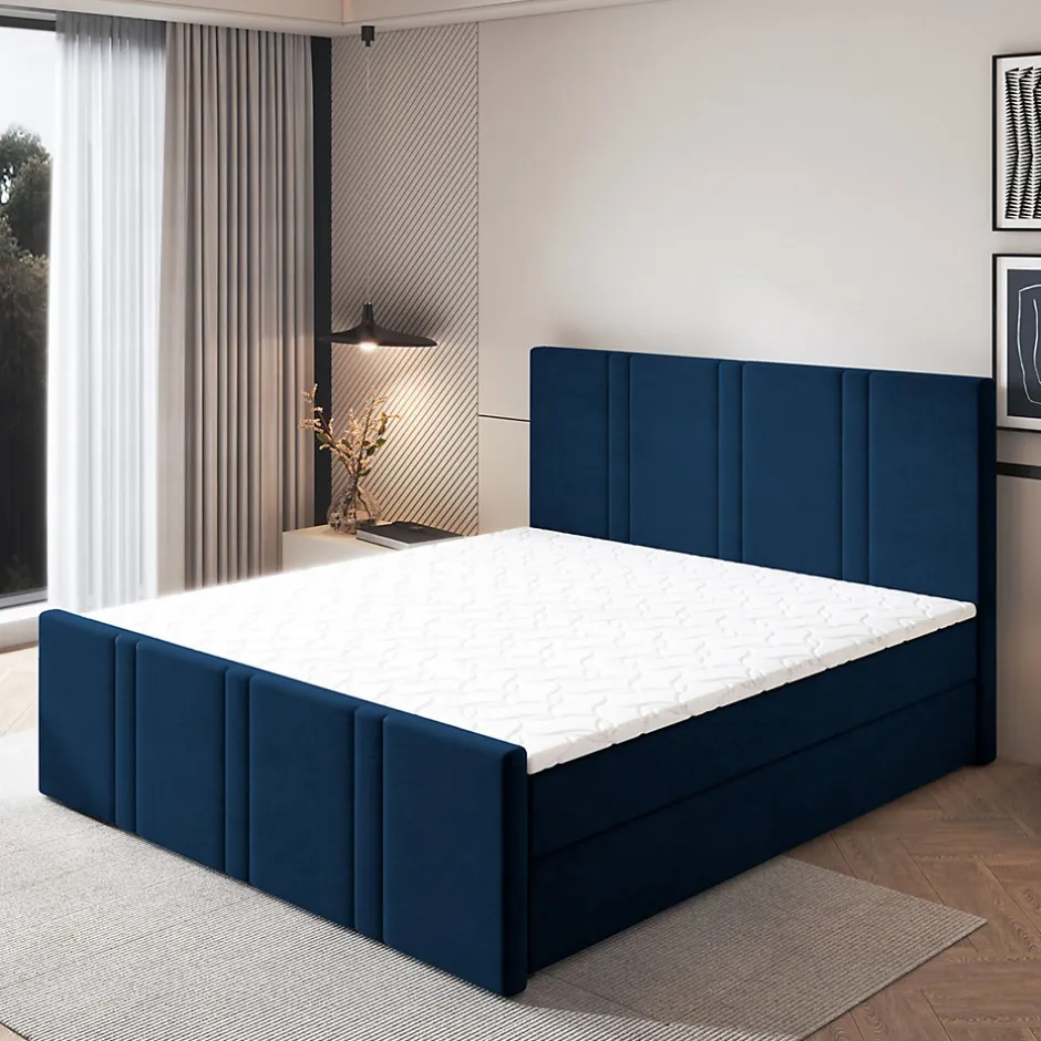 Masseno Lit Boxspring COMOZA 160X200 CM KRONOS 09, Bleu, Lit avec matelas et rangement