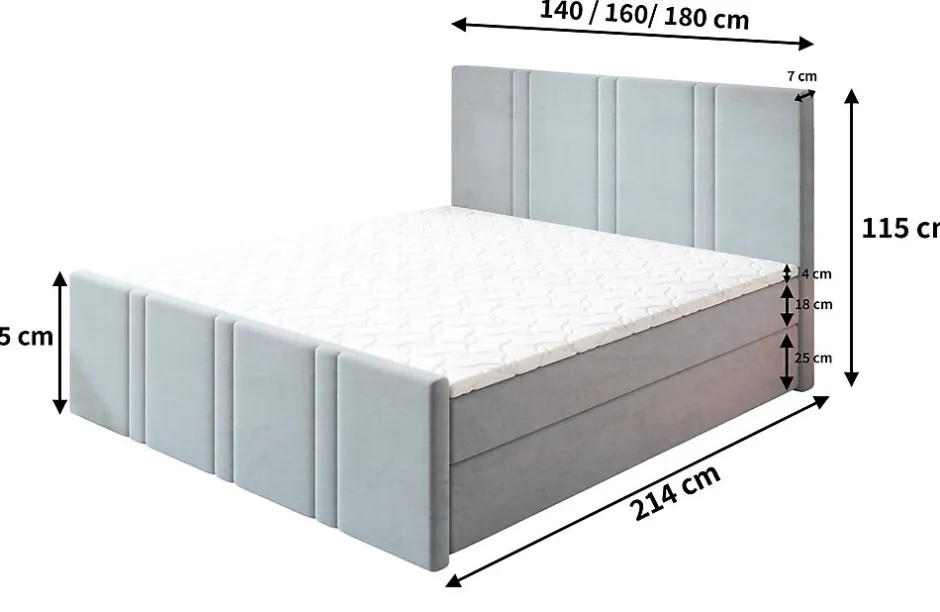 Masseno Lit Boxspring COMOZA 160X200 CM KRONOS 09, Bleu, Lit avec matelas et rangement