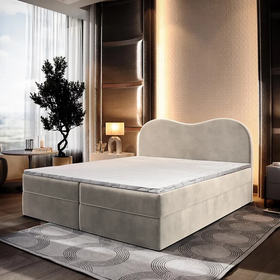 Masseno Lit Boxspring FLUVIA 180X200 CM MONOLITH 04, Crème, Lit avec matelas et rangement
