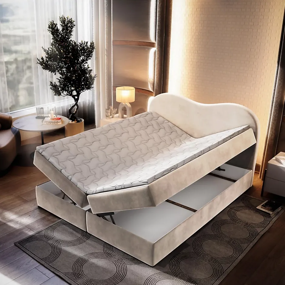 Masseno Lit Boxspring FLUVIA 180X200 CM MONOLITH 04, Crème, Lit avec matelas et rangement
