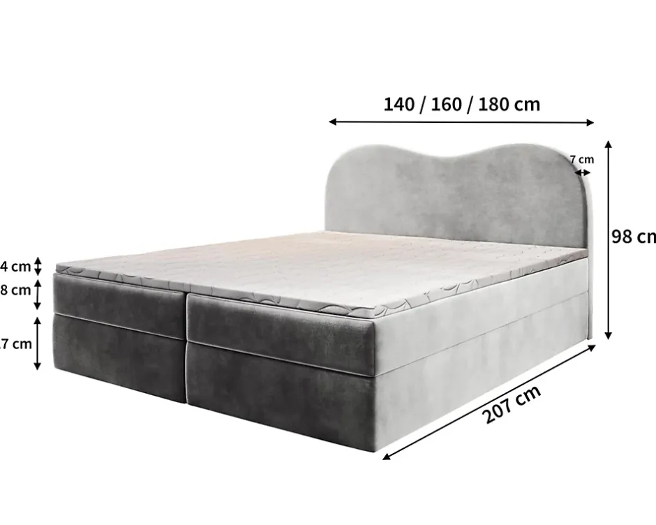 Masseno Lit Boxspring FLUVIA 180X200 CM MONOLITH 04, Crème, Lit avec matelas et rangement