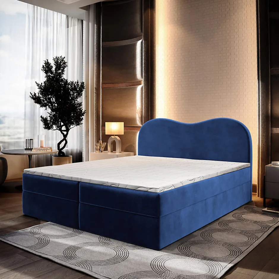 Masseno Lit Boxspring FLUVIA 140X200 CM MONOLITH 77, Bleu, Lit avec matelas et rangement