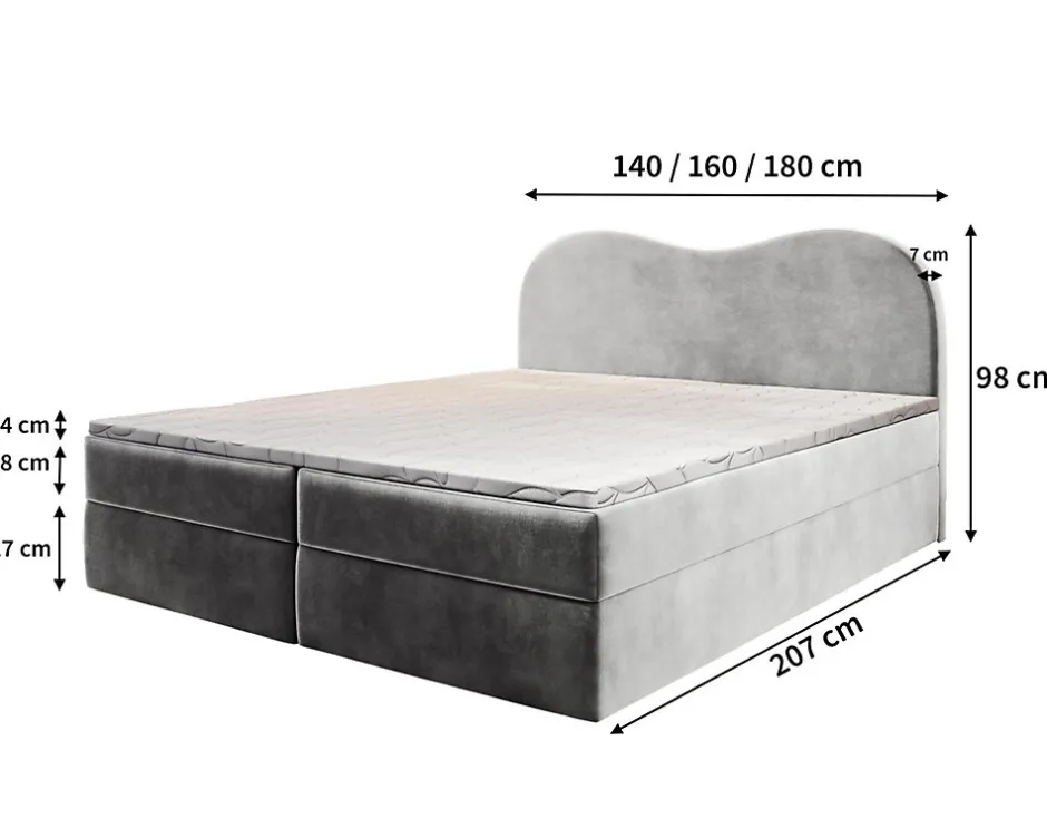 Masseno Lit Boxspring FLUVIA 140X200 CM MONOLITH 77, Bleu, Lit avec matelas et rangement
