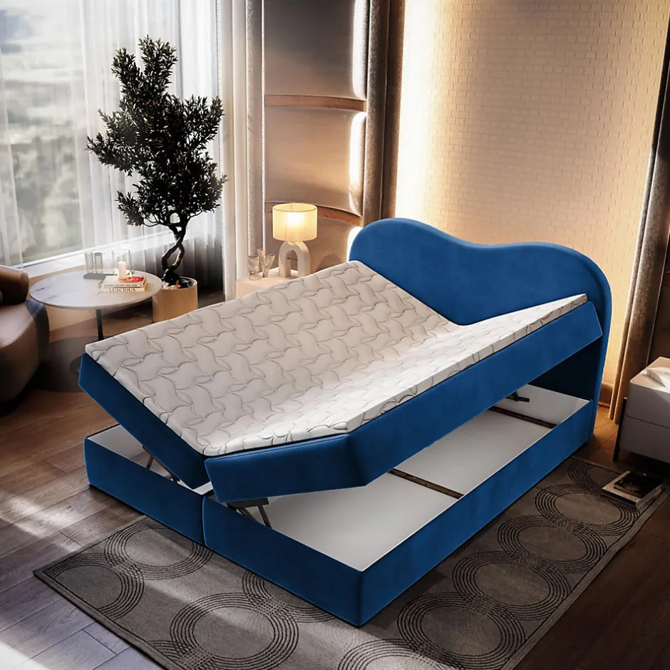 Masseno Lit Boxspring FLUVIA 140X200 CM MONOLITH 77, Bleu, Lit avec matelas et rangement