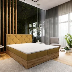 Masseno Lit Boxspring FOSCO 140X200 CM KRONOS 01, Jaune, Lit avec matelas et rangement