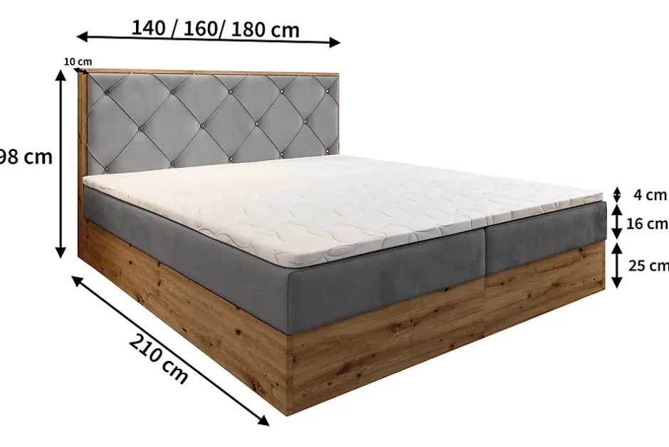 Masseno Lit Boxspring FOSCO 140X200 CM KRONOS 27, Rose, Lit avec matelas et rangement New