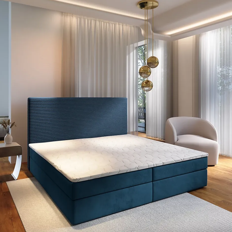 Masseno Lit Boxspring GIARRO 140X200 CM POSO 05 + KRONOS 05, Bleu, Lit avec matelas et rangement Best